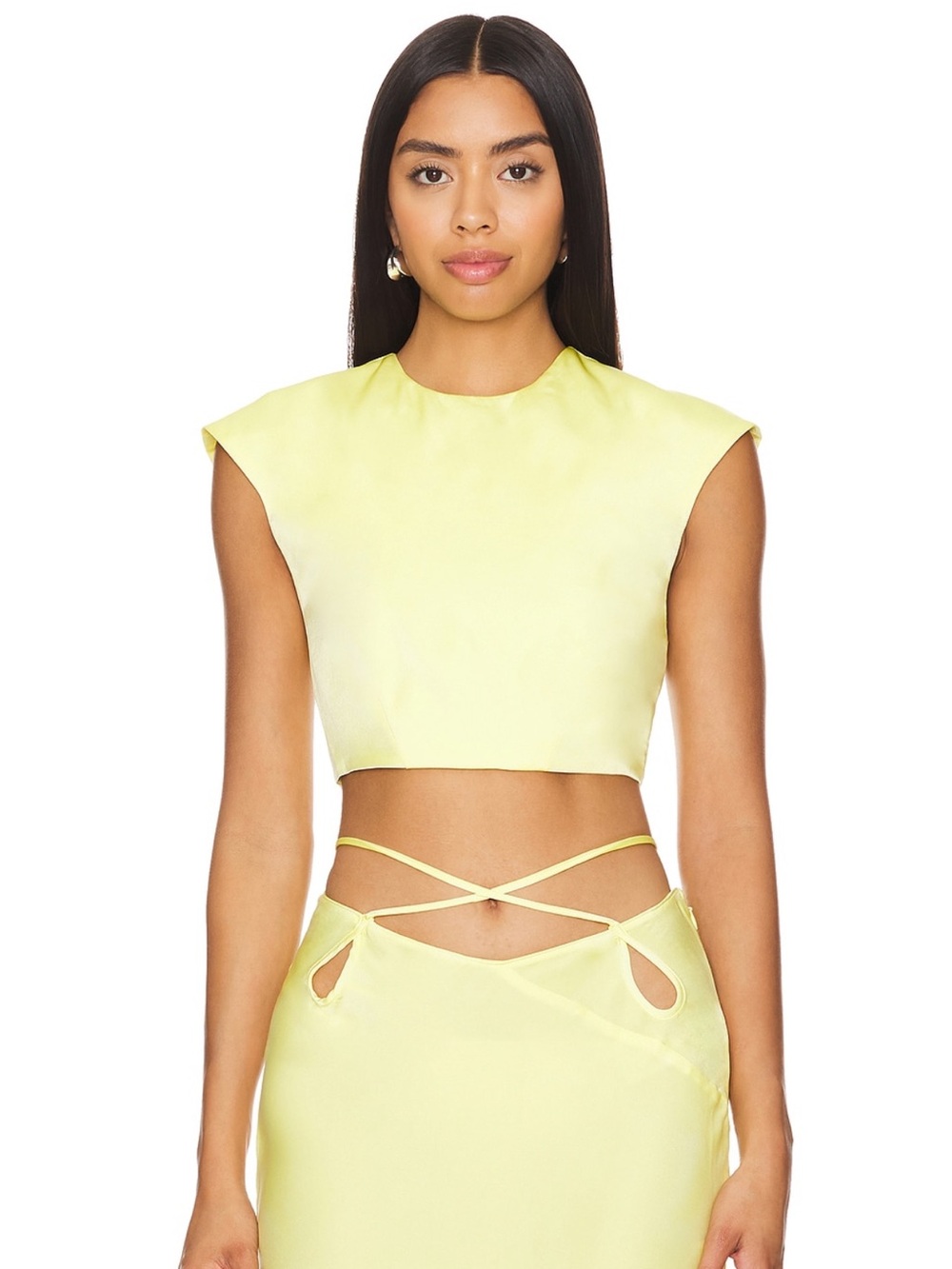 Bardot Pale Yellow Satin Crop Top and Skirt
